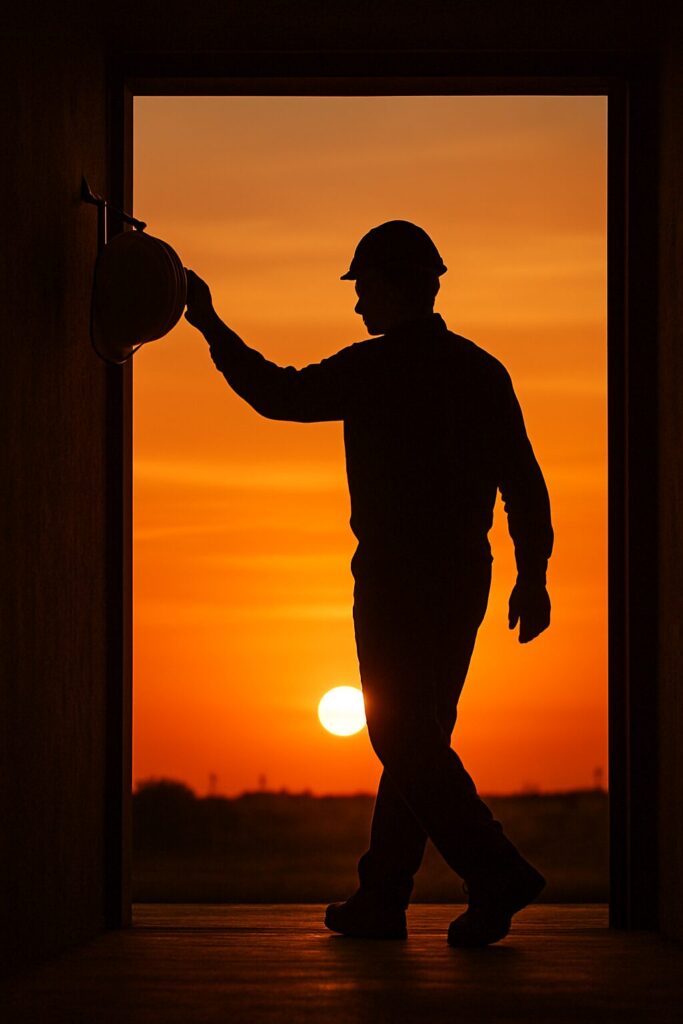 Worker hanging up hard hat and walking out as the sun sets